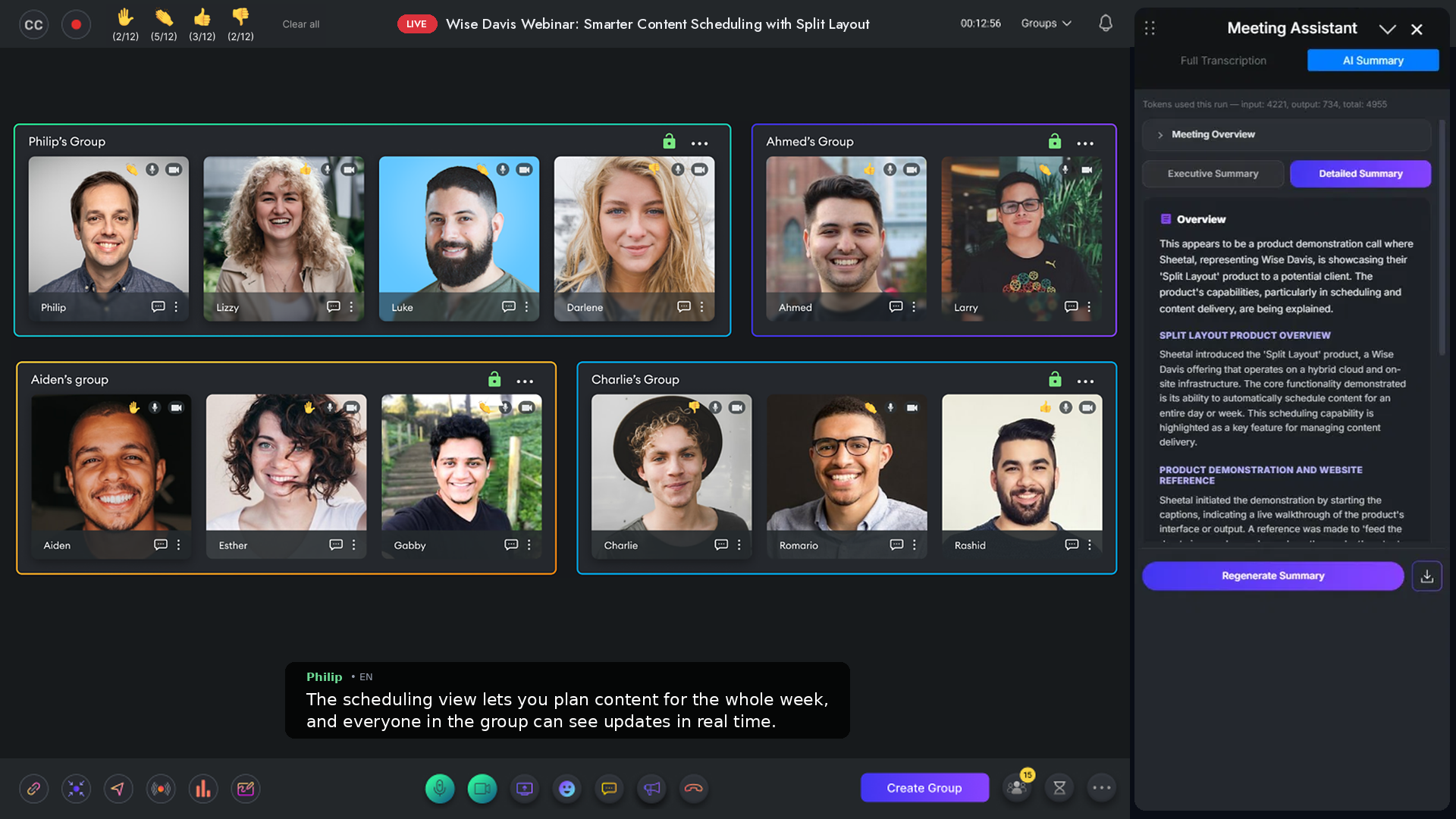 Bozu meeting with fifteen participants, live captions, and the Meeting Assistant panel showing an AI summary