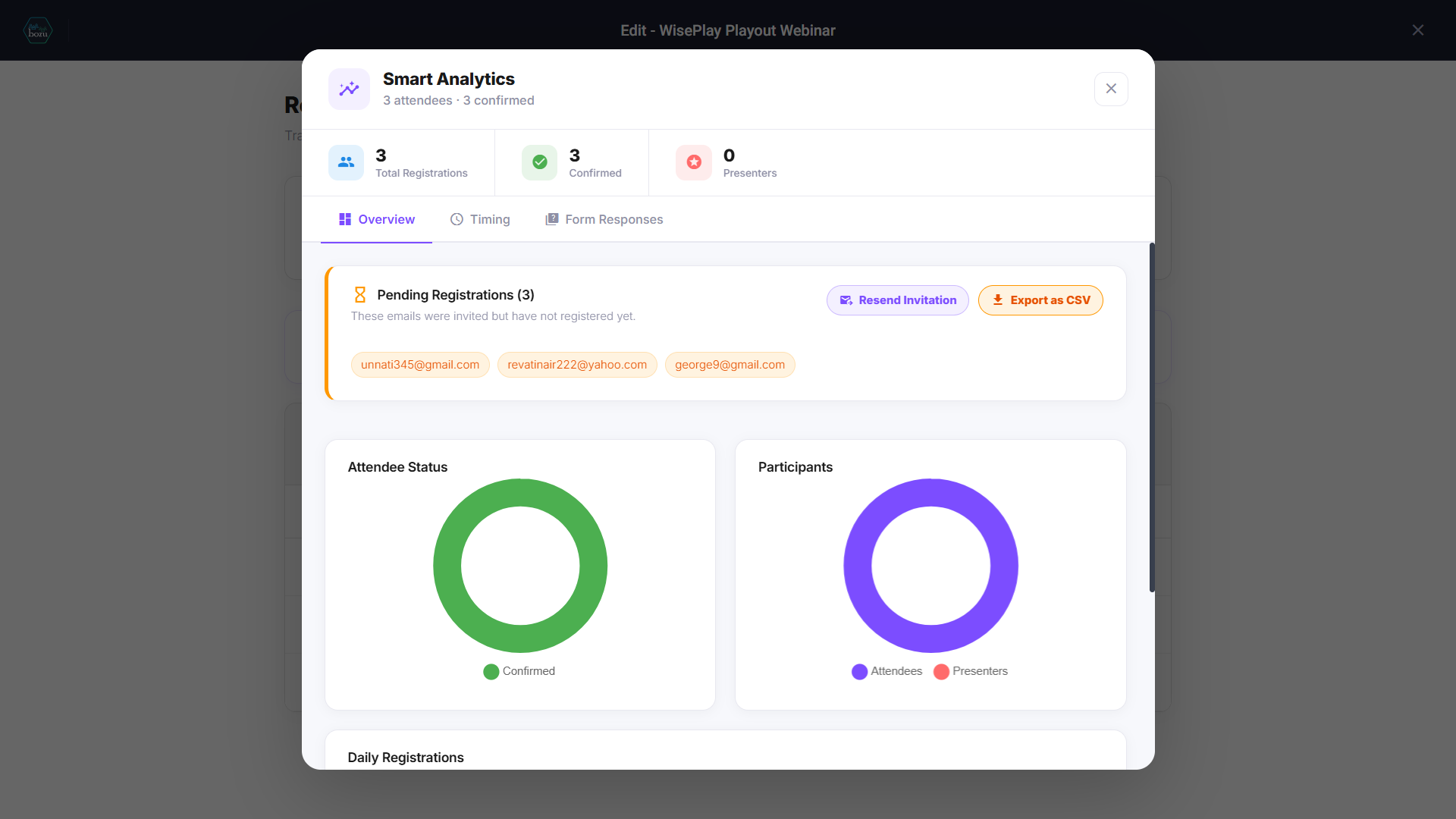 Bozu Smart Analytics with registration counts, pending registrations and attendee charts