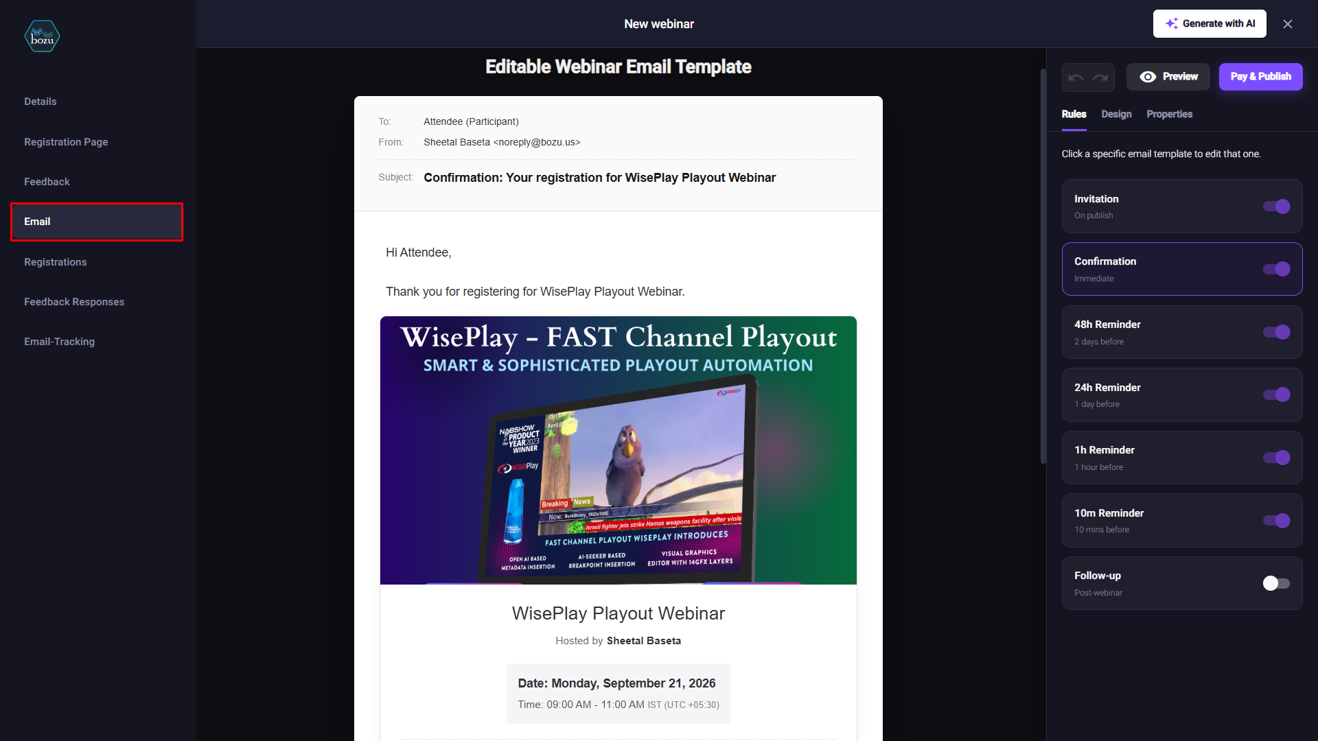 Bozu webinar email template editor with confirmation and reminder emails