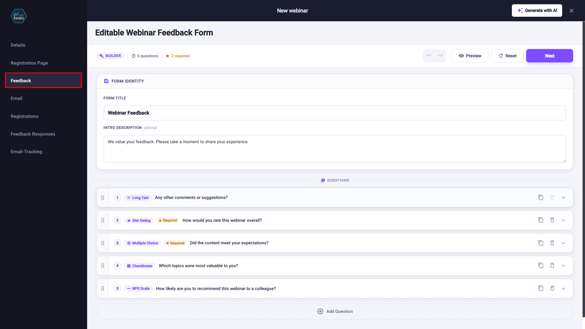 Bozu webinar feedback form editor with a list of questions