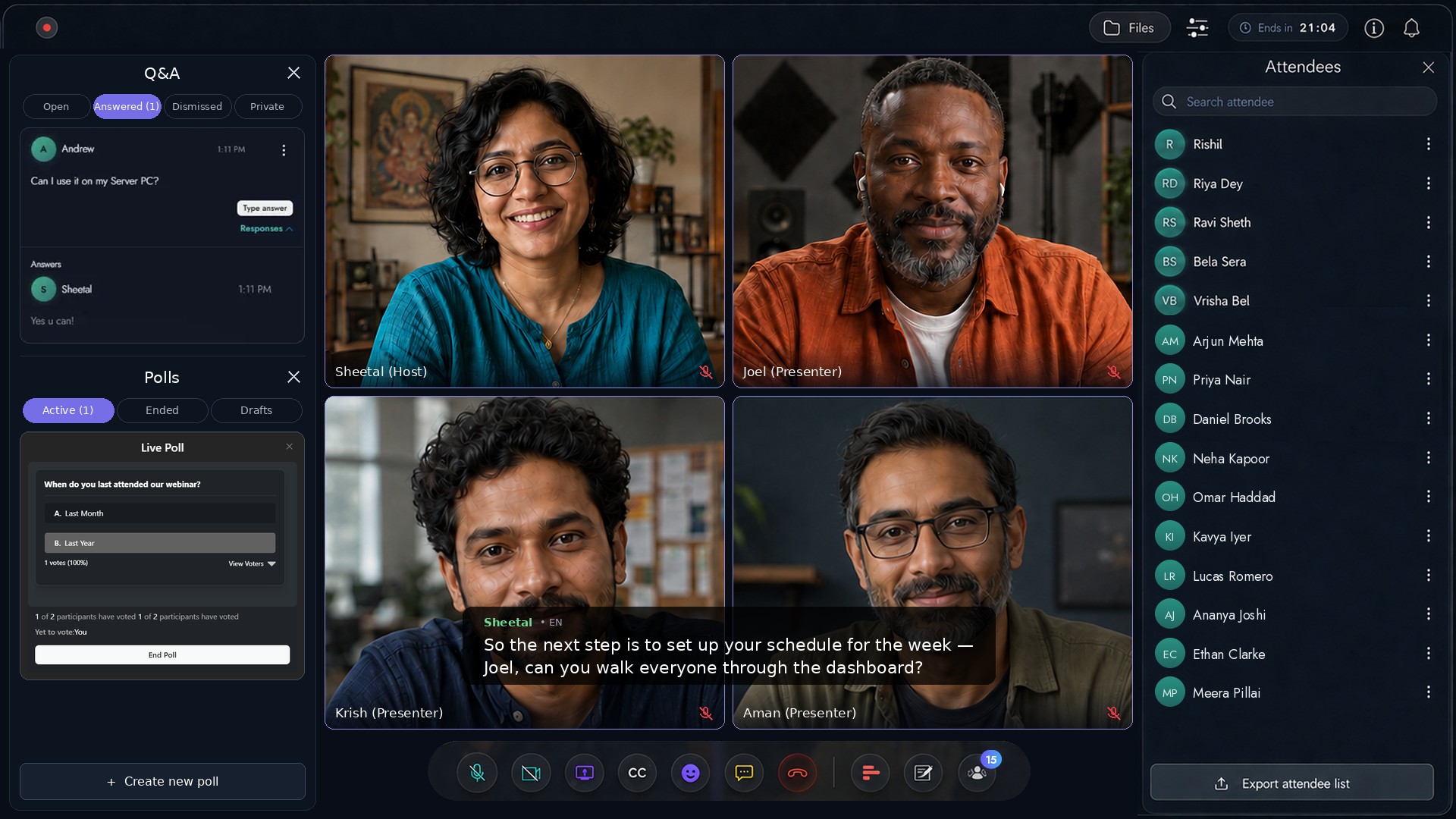 Bozu webinar with host and three presenters on stage, live captions, Q&A and polls panels, and an attendees list