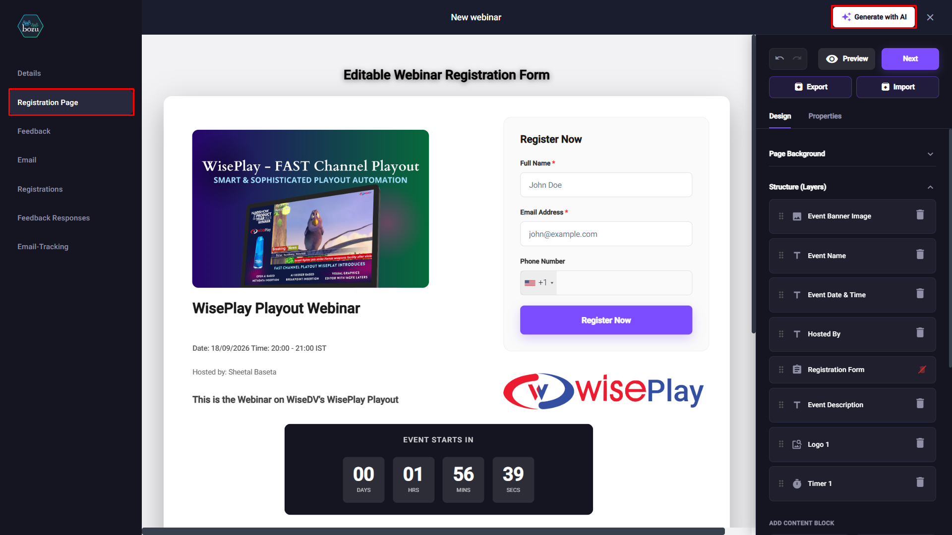 Bozu registration page editor with event banner, registration form and countdown timer
