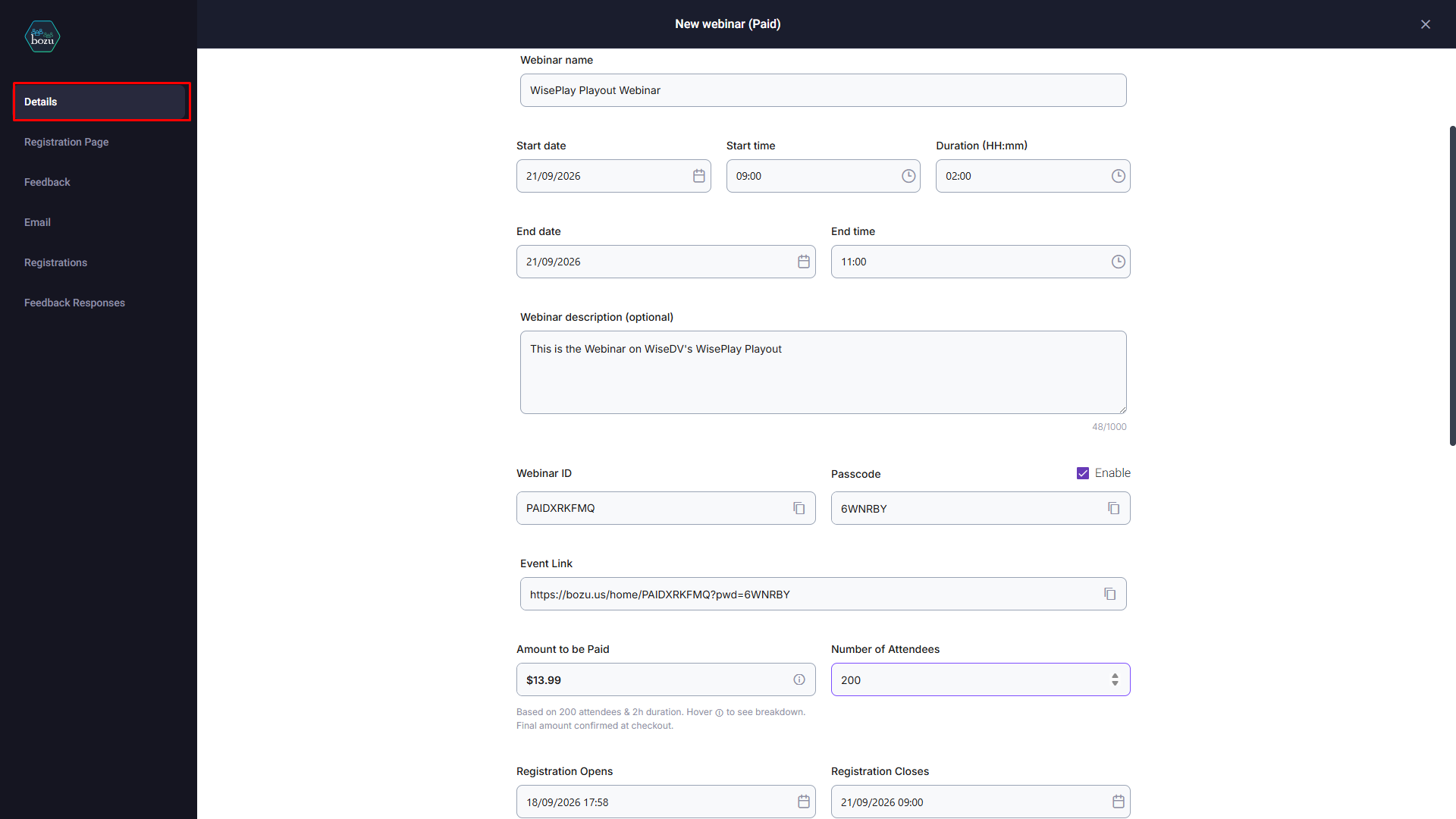 Bozu new webinar form with name, dates, duration, webinar ID, passcode and attendee count